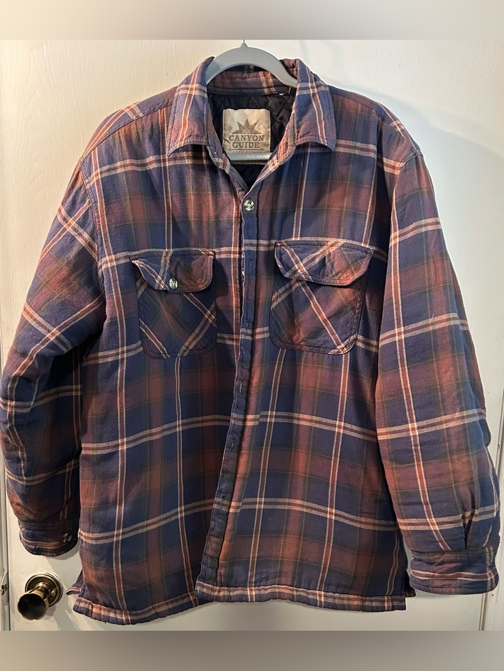 Men's Canyon Guide outfitters Navy and Rust Plaid Button-Up quilted Shirt/Jacket